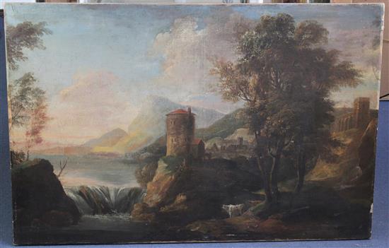 Follower of Sebastiano Ricci (1659-1734) Landscape with figures under a tower by a waterfall, 32 x 48.5in., unframed